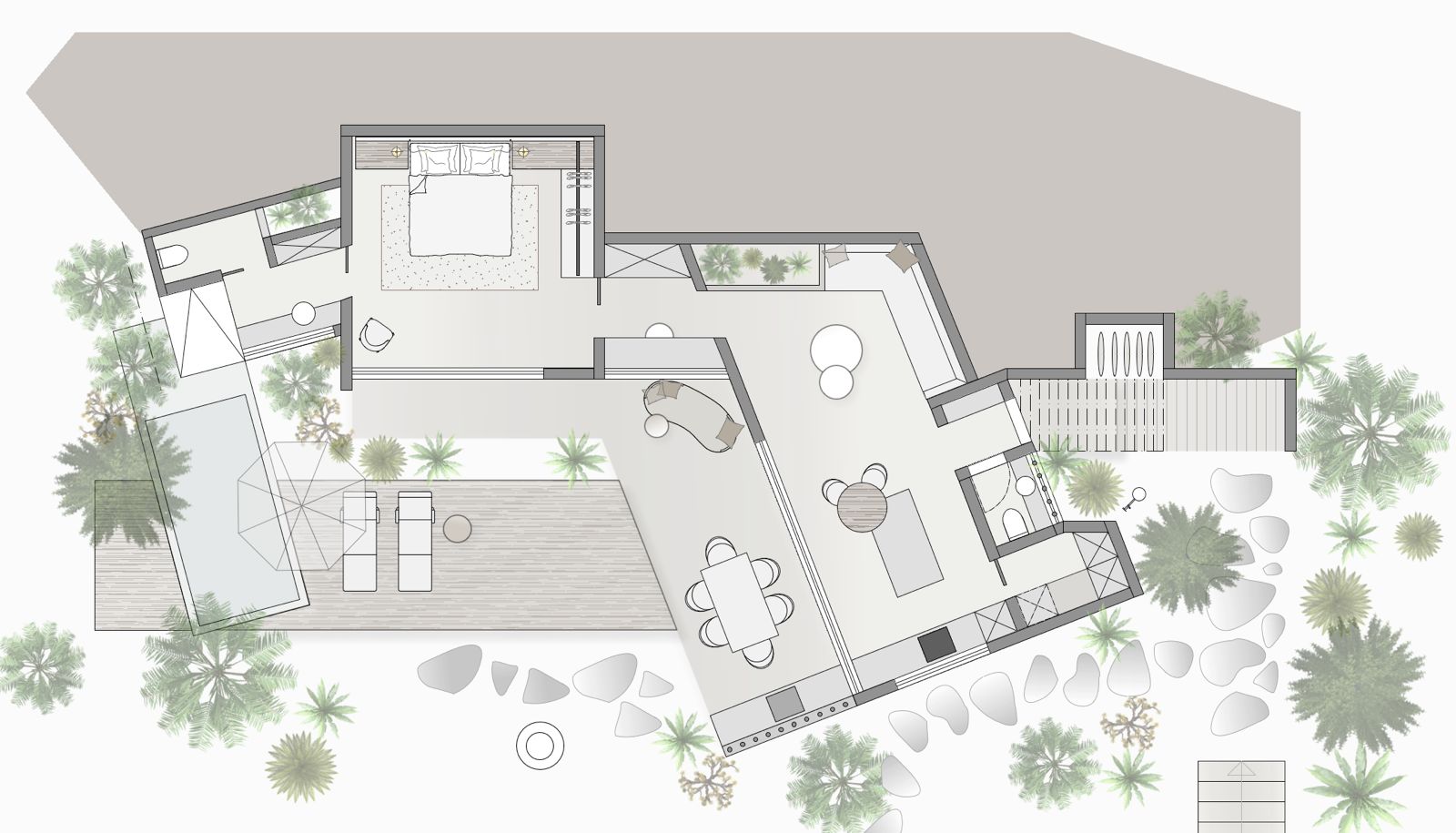 Grundriss einer Wohneinheit mit Schlafzimmer, Wohnraum, Essbereich, Terrasse und Pool