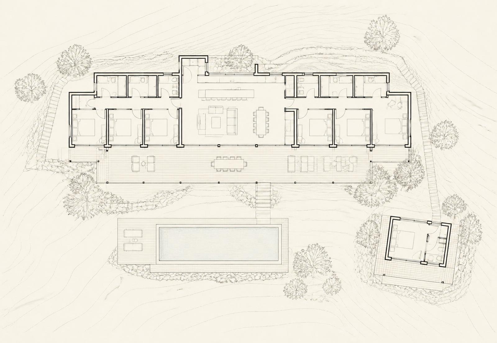 Grundriss casa naboo mit sechs Zimmern, offenem Wohnraum, Terrasse, Pool und separater Einheit